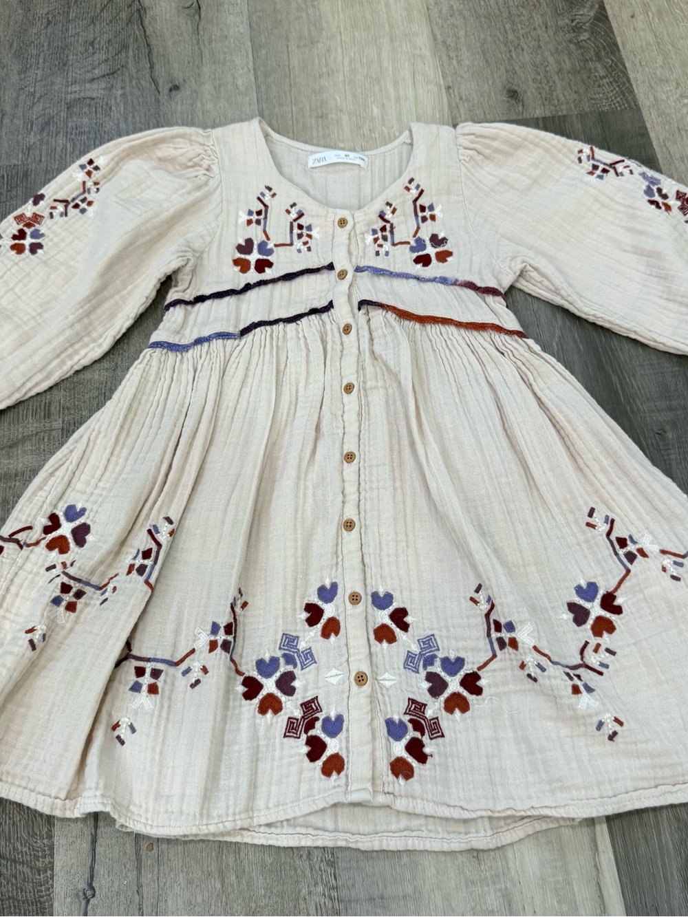 ZARA Girls Cream Embroidered Button-Front Dress with Multicolor Accents
